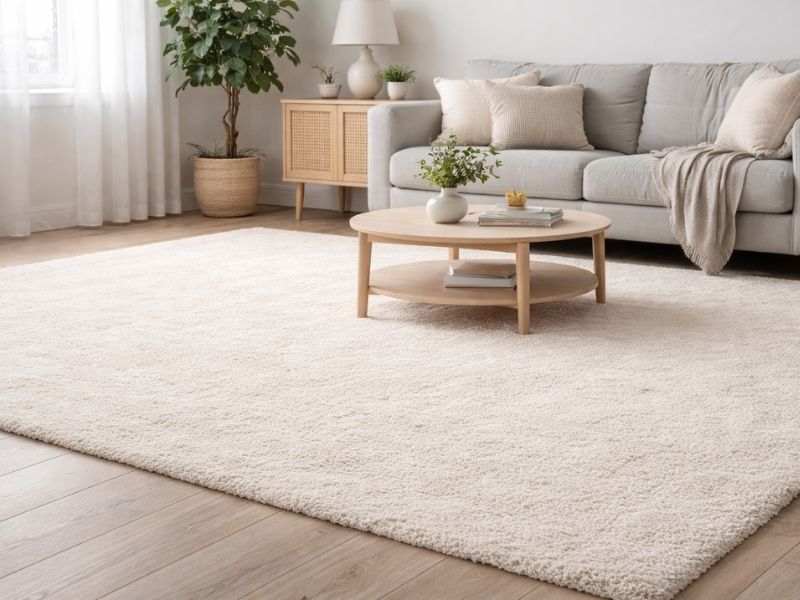 Svetli tepih u dnevnoj sobi koji zahteva često čišćenje