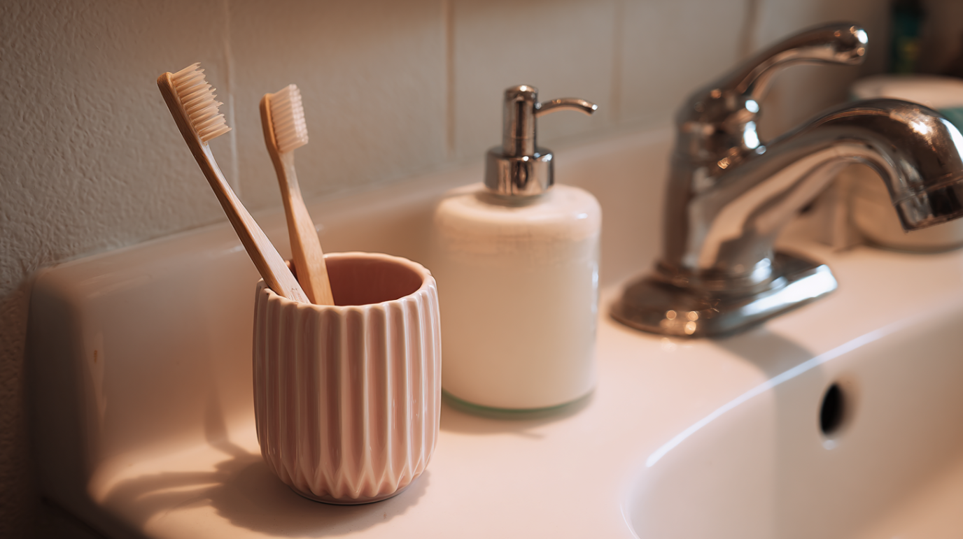 Četkica za zube u čaši, na umivaoniku