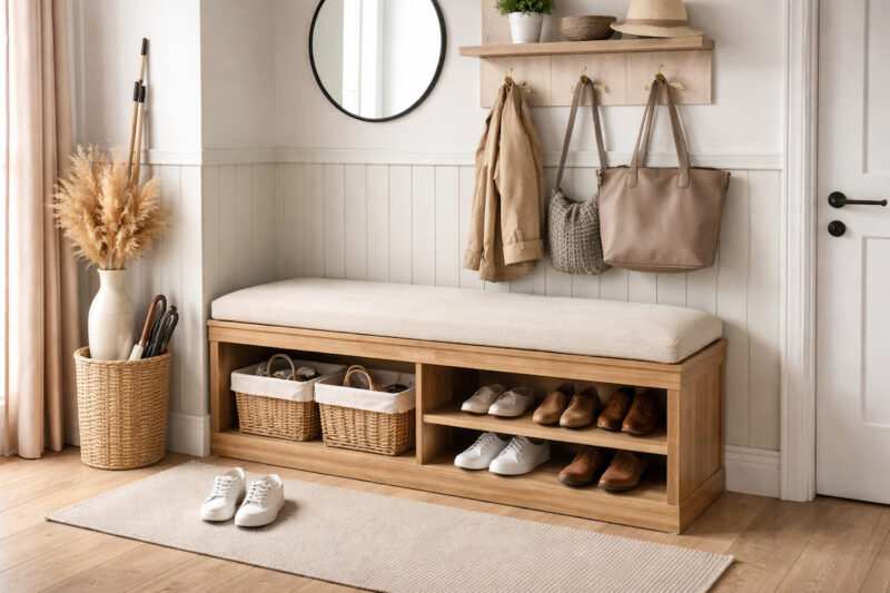 Drvena klupa sa tapaciranim sedištem i otvorenim prostorom za odlaganje obuće i korpi u malom, svetlom hodniku