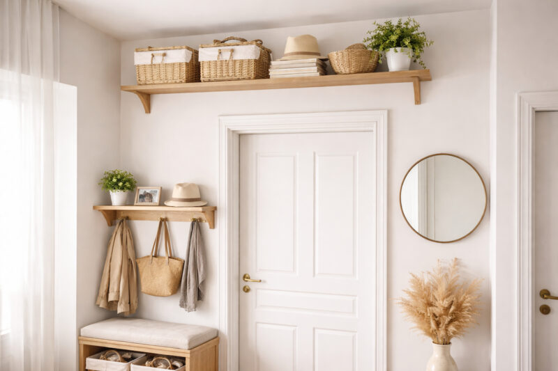 Drvena zidna polica postavljena iznad vrata u malom hodniku sa pletenim korpama, knjigama i dekorativnim biljkama