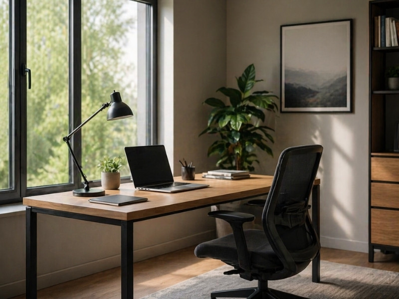 Radni prostor kod kuće sa drvenim stolom, laptopom i ergonomskom stolicom pored velikog prozora sa bočnim prirodnim svetlom